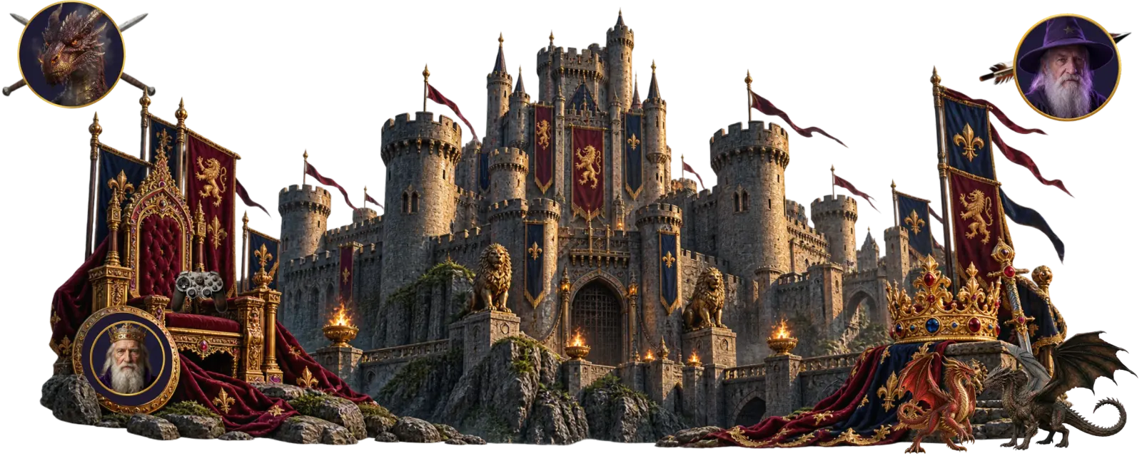 Castillo medieval con estandartes, un trono y una corona: el juego de Finanzas Gratis